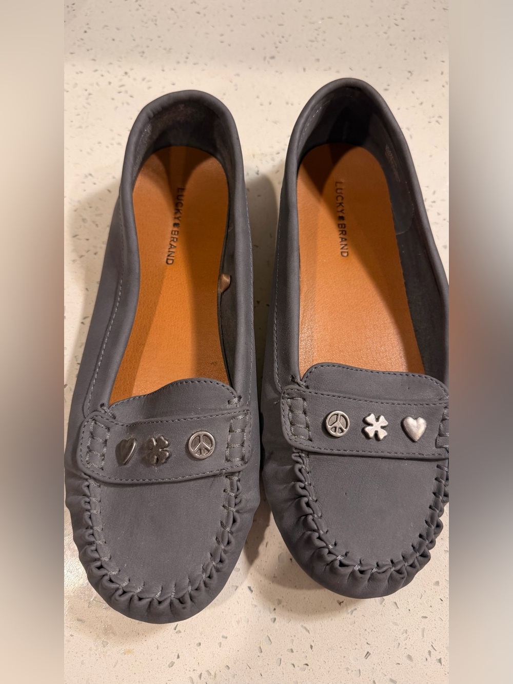 Lucky Brand Charms Accent Gray Leather Moccasins